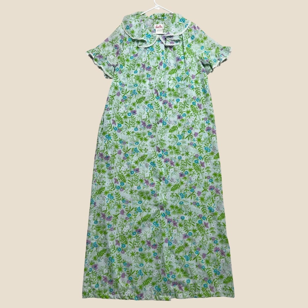 Vintage 70s Smart Time Floral Nightgown Lace Trim House Dress ILGWU Green Blue L
